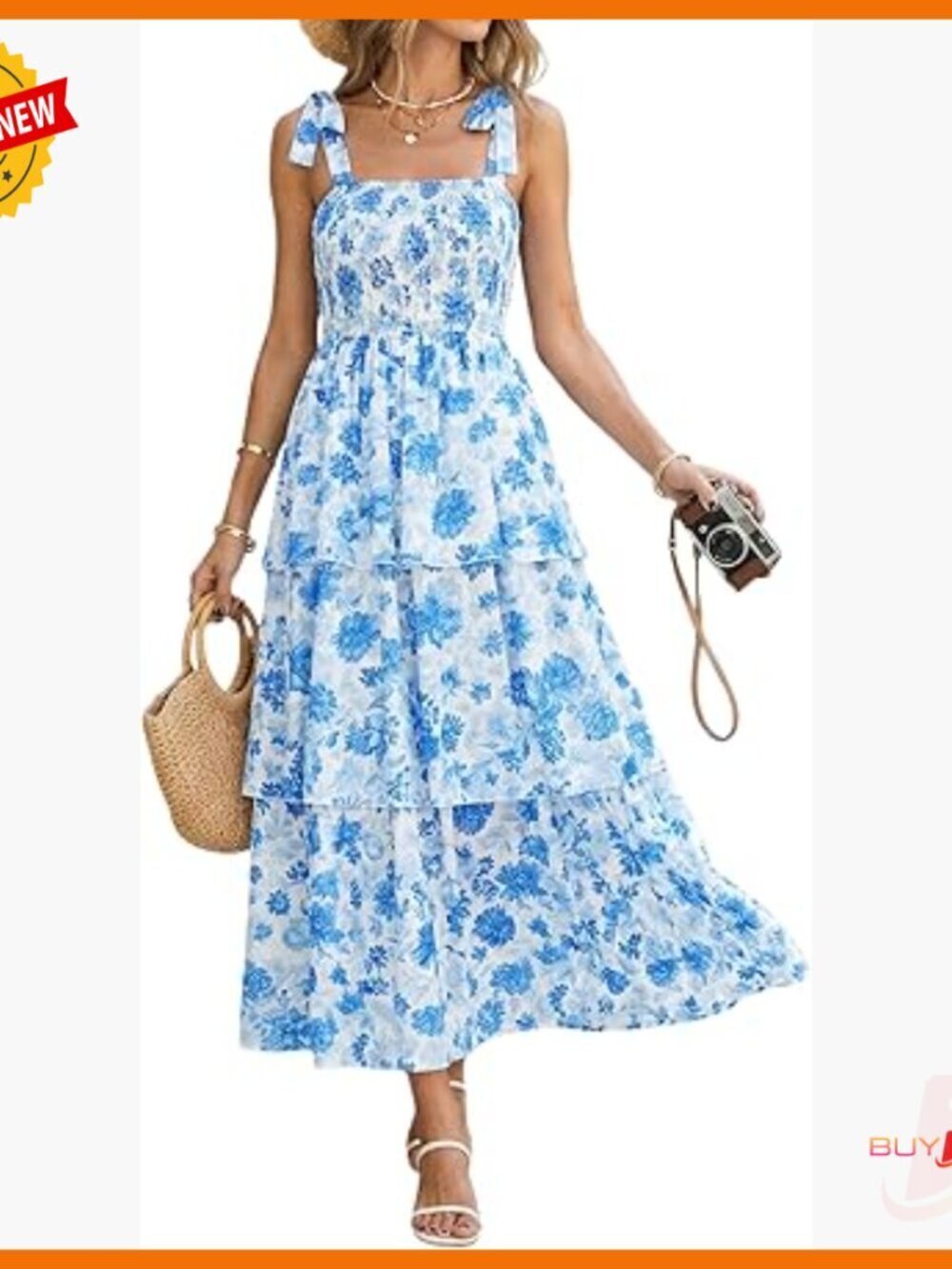 Summer Maxi Dress Floral Boho Adjustable Strap Smocked Tiered Flowy